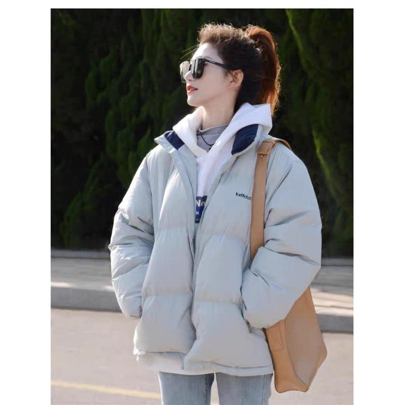 Orange down jacket women's short stand-up collar new winter tide brand loose couple bread jacket thickened