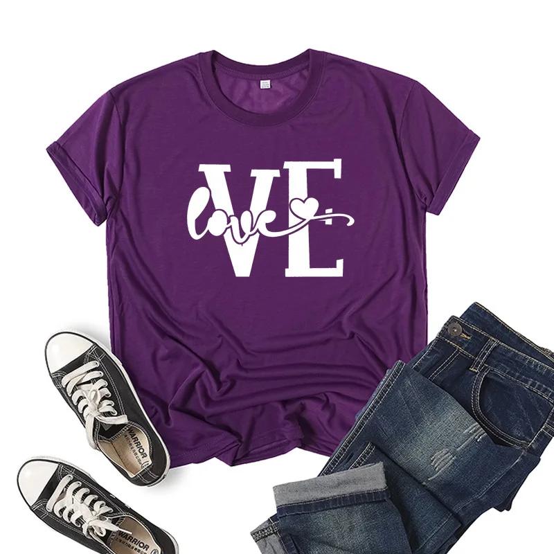 Splicing LOVE Heart Print Парная футболка с коротким рукавом и круглым вырезом, свободная футболка King Queen, футболка для любителей моды, топы, одежда