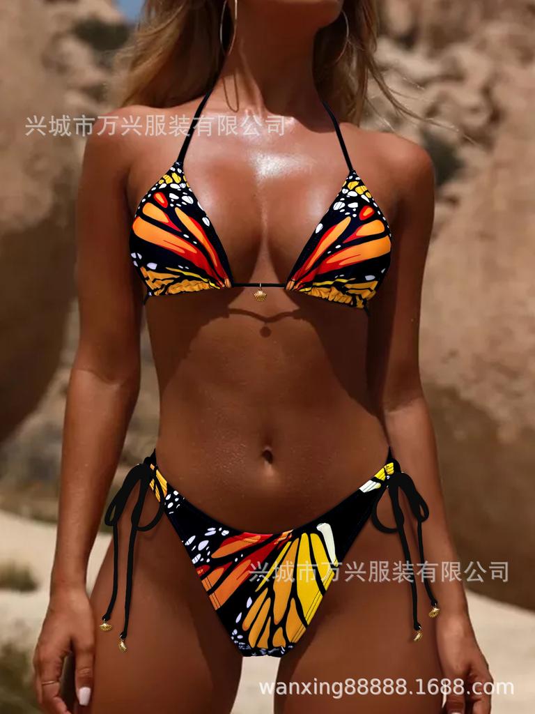 Fashion sexy bikini vacation butterfly print tie bikini three-point new swimsuit women