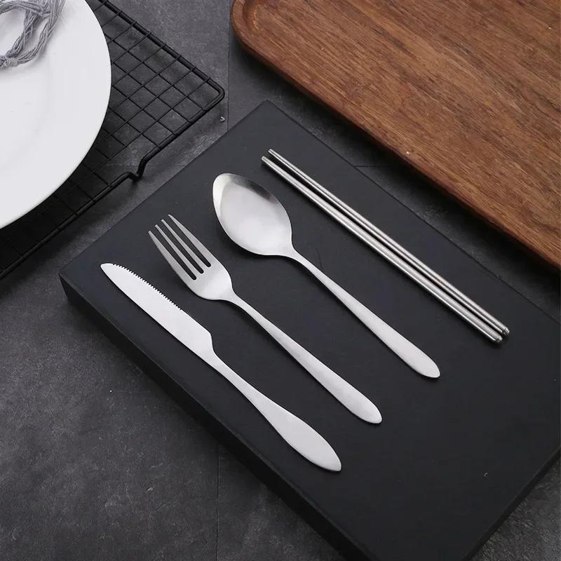 4Pcs/Set Travel Camping Cutlery Set Portable Tableware Stainless Steel Chopsticks Spoon Fork Steak Knife with Storage Case