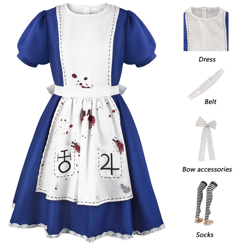 Alice Madness Cosplay Costume Game Alice Maid Dress Socks Halloween Party Performance Outfits for Women Girls