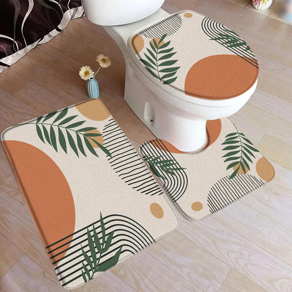 Abstract Mid Century Bath Mat Set Black Line Green Leaf Modern Geometric Boho Home Carpet Bathroom Decor Floor Rugs Toilet Cover