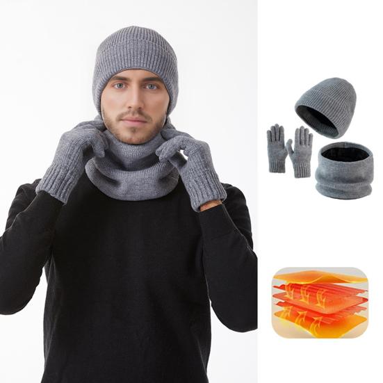 Yousheng 3Pcs/Set Winter Hat Scarf Gloves Set Solid Color Windproof Brimless Hat Neck Warmer Touch Screen Gloves Set