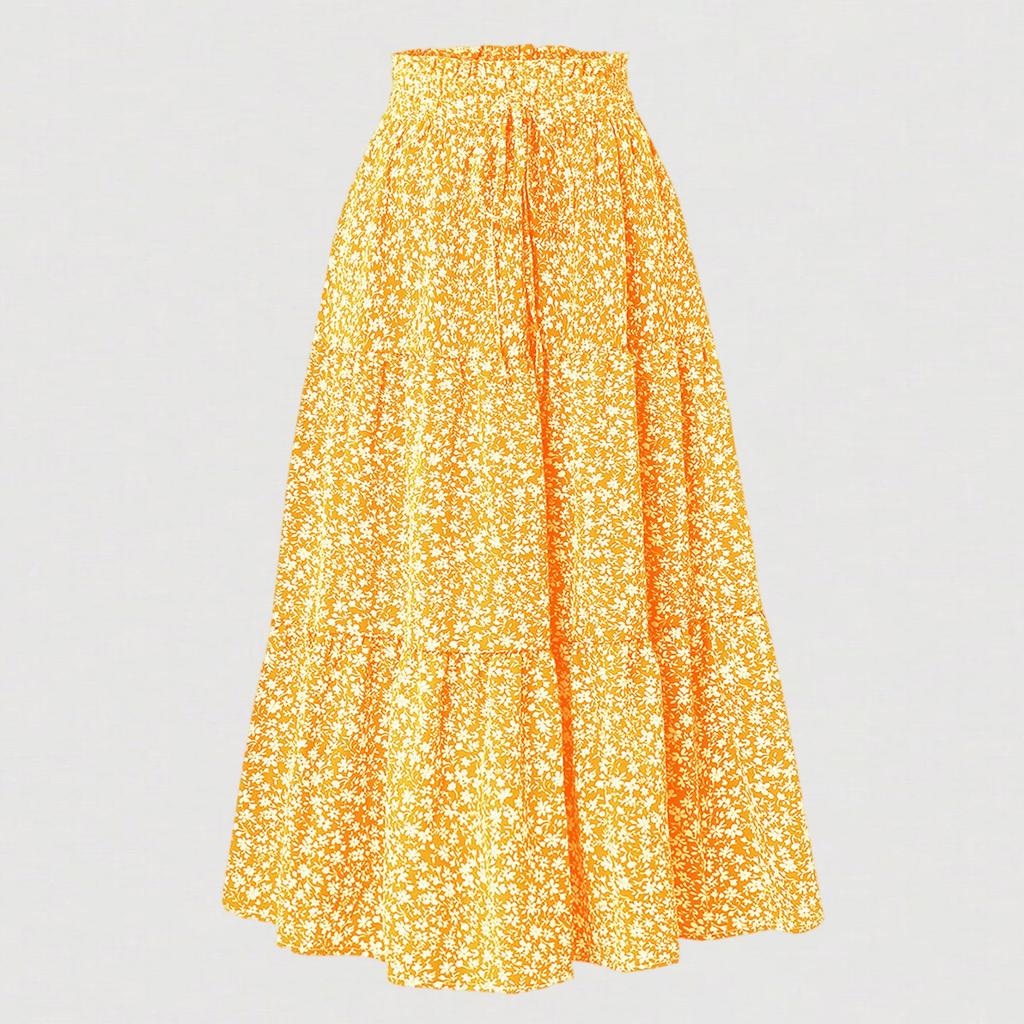 Women's Fashion Solid Color Floral Lace Elastic Waist Loose Long Skirt