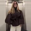 Womens Fashion Loose Stand Collar Bathrobe Style Coat Belted Short Overcoat