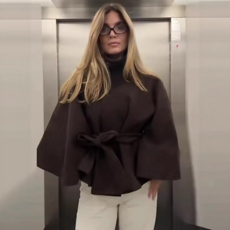 Womens Fashion Loose Stand Collar Bathrobe Style Coat Belted Short Overcoat