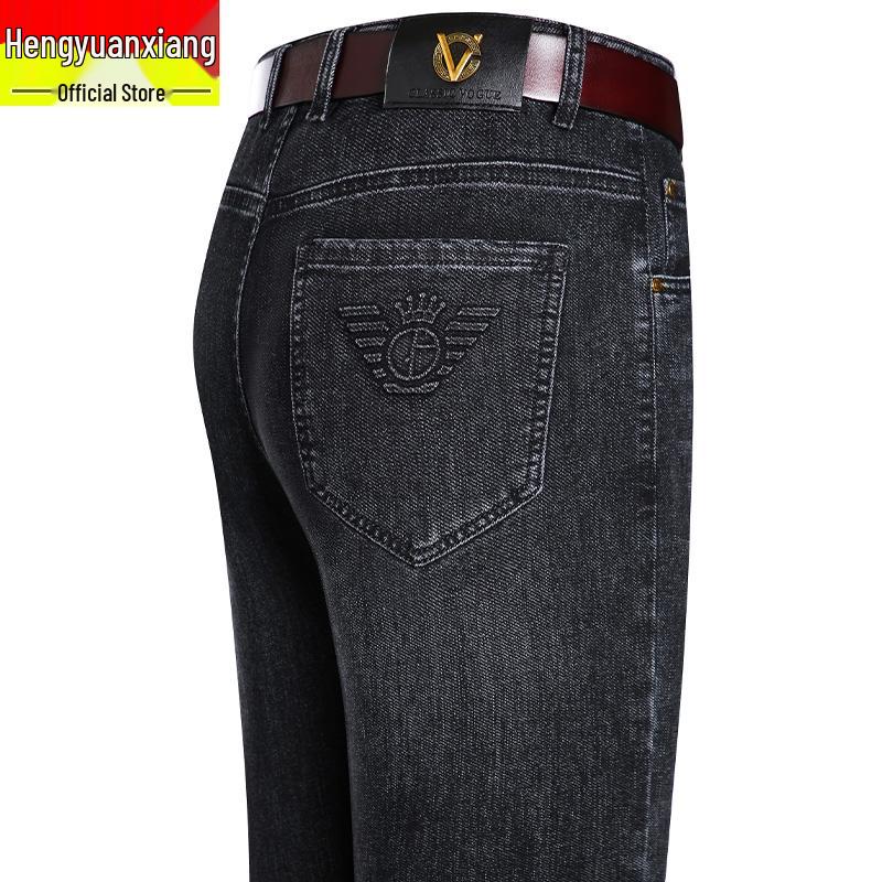 Мужские черные эластичные прямые джинсы Hengyuanxiang - Модные, стирающиеся и износостойкие повседневные брюки для осени и зимы.