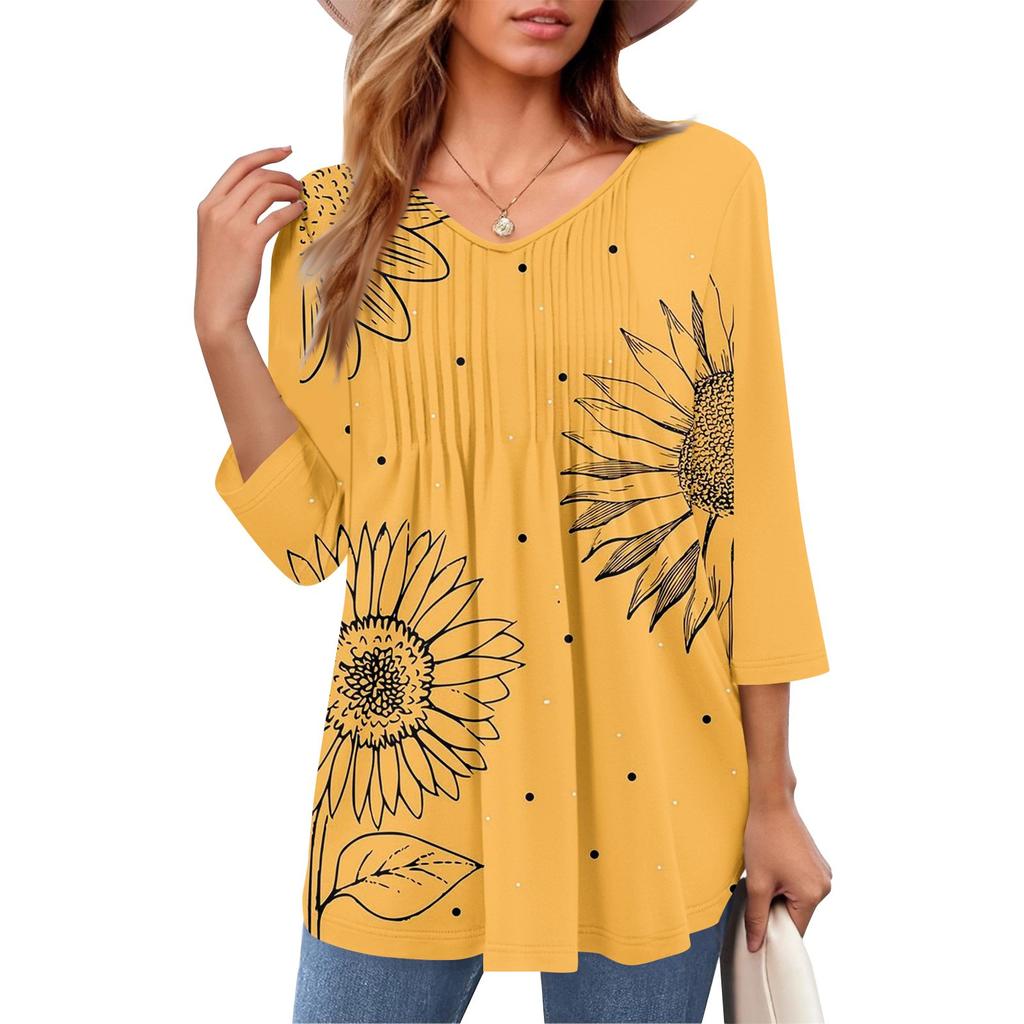 Женские топы с V-образным вырезом и рукавом три четверти в полоску, плиссированные, повседневные, летние, модные, рубашки