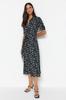 Women's Fashion New Dress Black Floral Pattern Slit Woven Shirt Dress