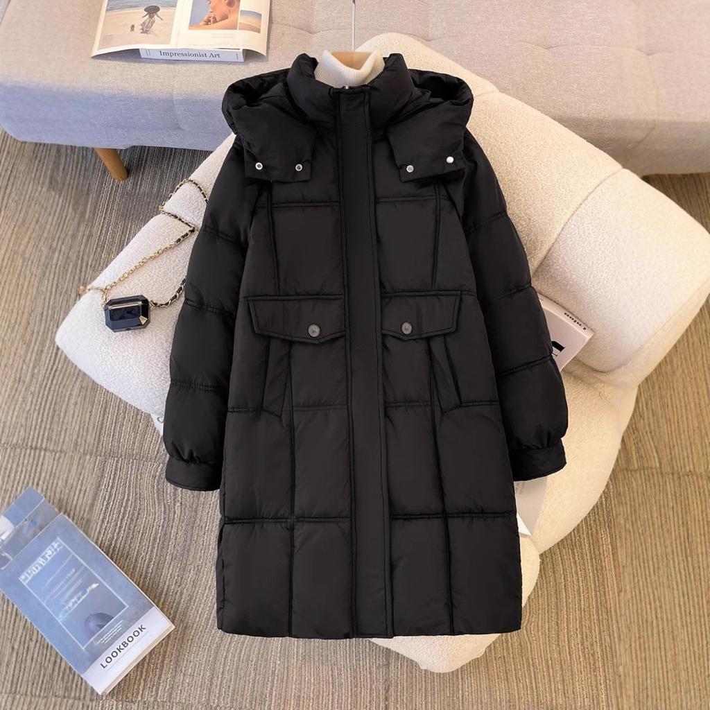 Черная куртка-пуховик с капюшоном женская зимняя новая большого размера fat mm длинная куртка до колена