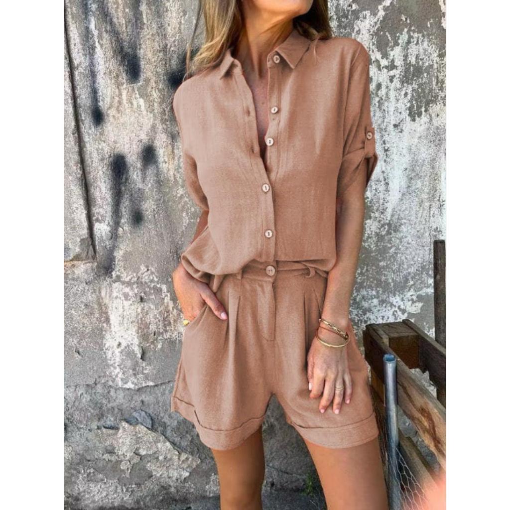 Льняной костюм-двойка, Свободная рубашка, Шорты с высокой посадкой, Хлопково-льняные шорты с коротким рукавом, Повседневный, Женский, Костюм