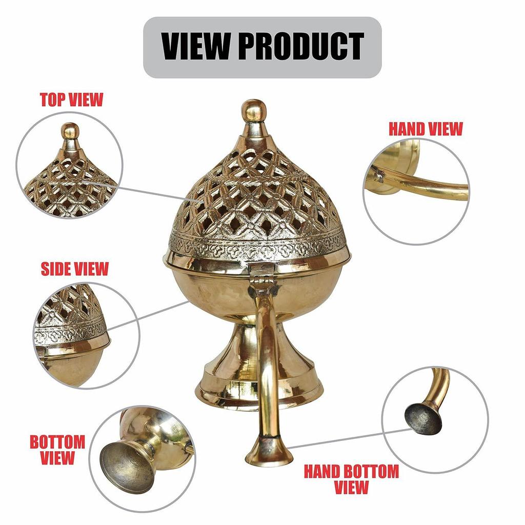 India Brass Dhoop Dani Bakhoor Holder Loban Burner Incense Holder, 8 Inch (600 Gram)