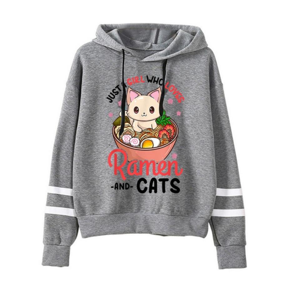 Женские/мужские толстовки с капюшоном Just A Girl Who Loves Ramen And Cats Print Hoodies Толстовка Зимняя повседневная уличная одежда Топы больших размеров