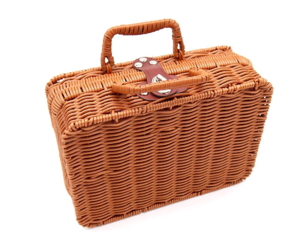 Picnic Lunch Basket with Fabric Checkered Pattern Basket, Lid, Wicker-Style Basket, Upholstery, (Medium)