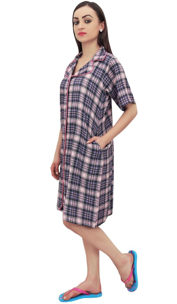 Bimba Check Print Baby Pink Women's Sleepshirt Button-up Shirt Dress Sleepwear -
