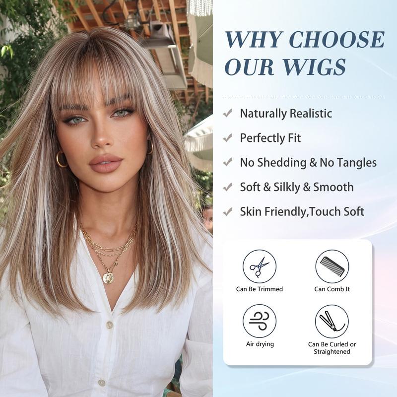 LOUIS FERRE Brown Base Blonde Highlights Medium Straight Layered Wig With Bangs Synthetic Hair Heat Resistant Women Daily Party