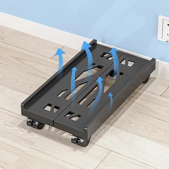 Выдвижная база с вращающимися на 360 градусов колесами. Полая конструкция для рассеивания тепла. Регулируемая ширина. Стабильная структура. Запираемый держатель ЦП.