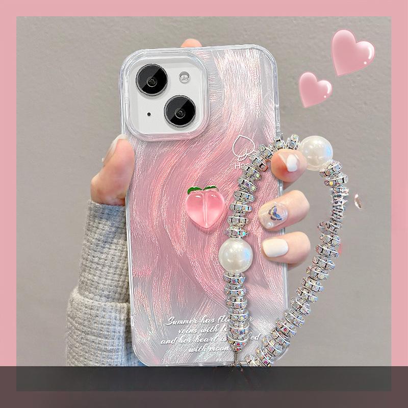 Подходит для Apple 15 Чехол для мобильного телефона Летний Iphone14 Smudge Peach Doll Bracket Chain 13/12 Feather Yarn IMD