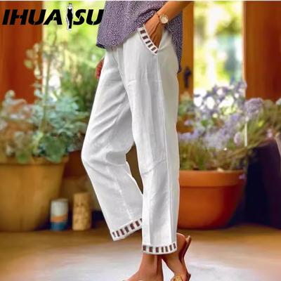 Женские летние белые хлопково-льняные брюки с карманами, винтажные повседневные прямые брюки на резинке