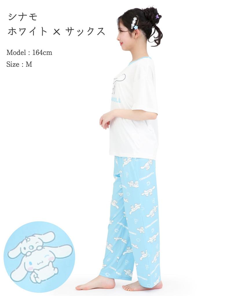 SAZAC Cinnamoroll and Milk Pajama Powder Stretch Short Sleeve and Long Pants Loungewear x Set, Fabric, Women's Set, (White Sax/M/SAN1952)
