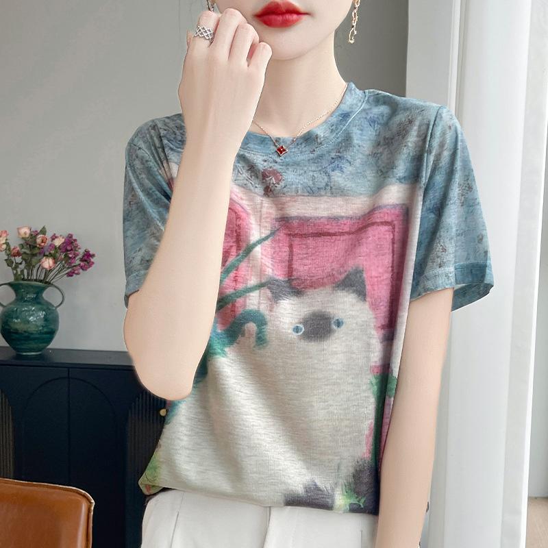 2026 Summer New Women's Round Neck Loose Tie-Dye Cartoon Cat Print Short Sleeve T-Shirt Top
