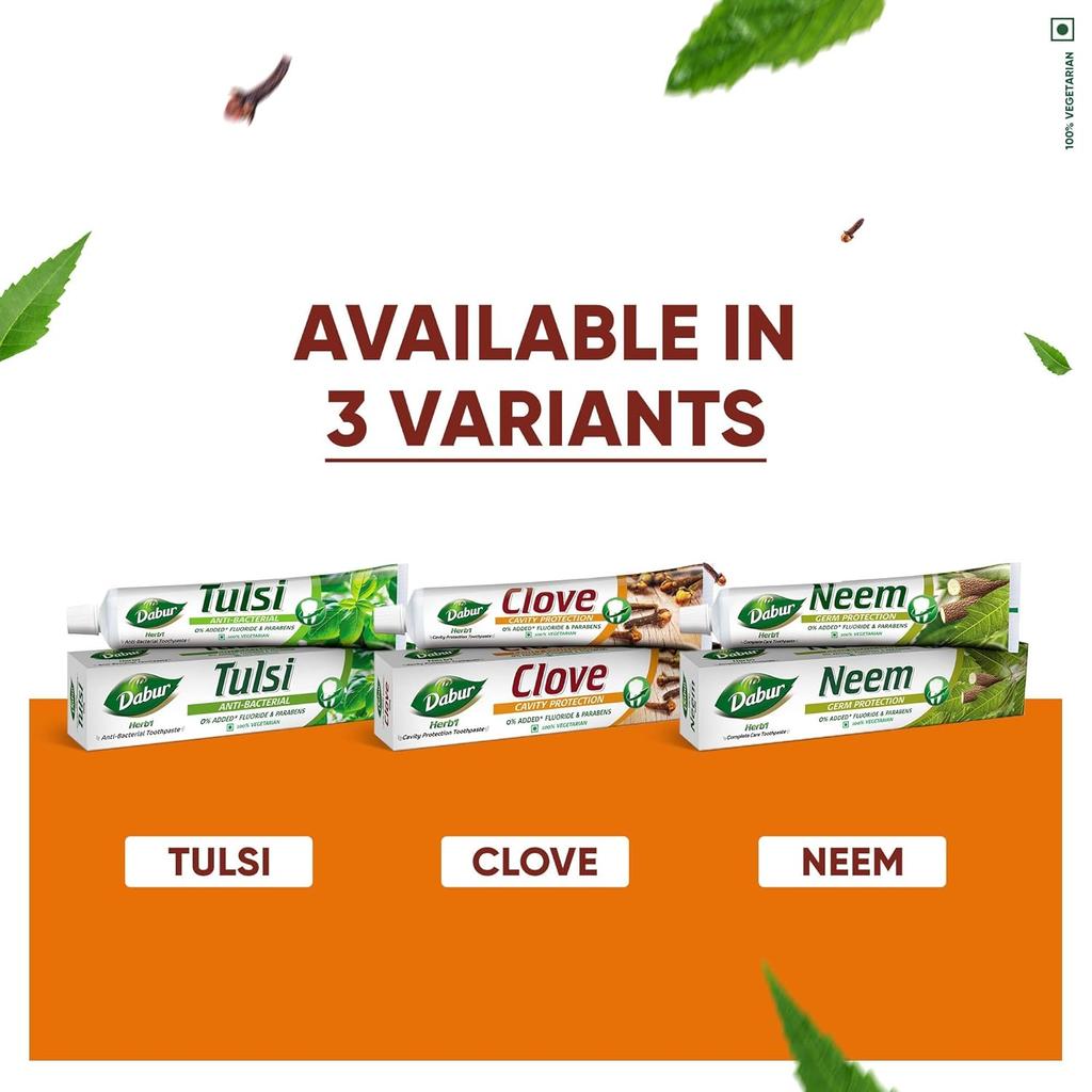Dabur Herb'l Clove Toothpaste 600g (200g X 3 Pack) | Natural Cavity Protection, Bacteria Defense & Pain Relief | Fluoride & Paraben Free
