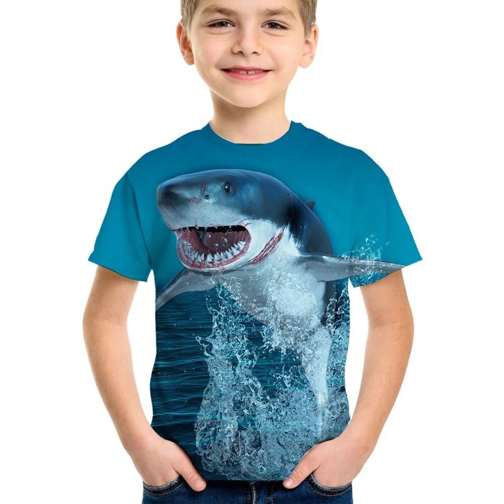 Shark Tshirt Kids Clothes Summer Animals Blue Sea T-Shirt For Boy Tee Shirt Children Top 2023 Short Sleeve 3d Print Girls Tees