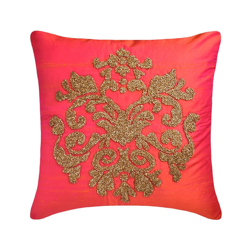 The HomeCentric Custom Decorative Pink & Gold Throw Pillow Covers Silk Damask Beaded & Embroidered Throw Pillows For Sofa Abstract - Damask Silk Pink