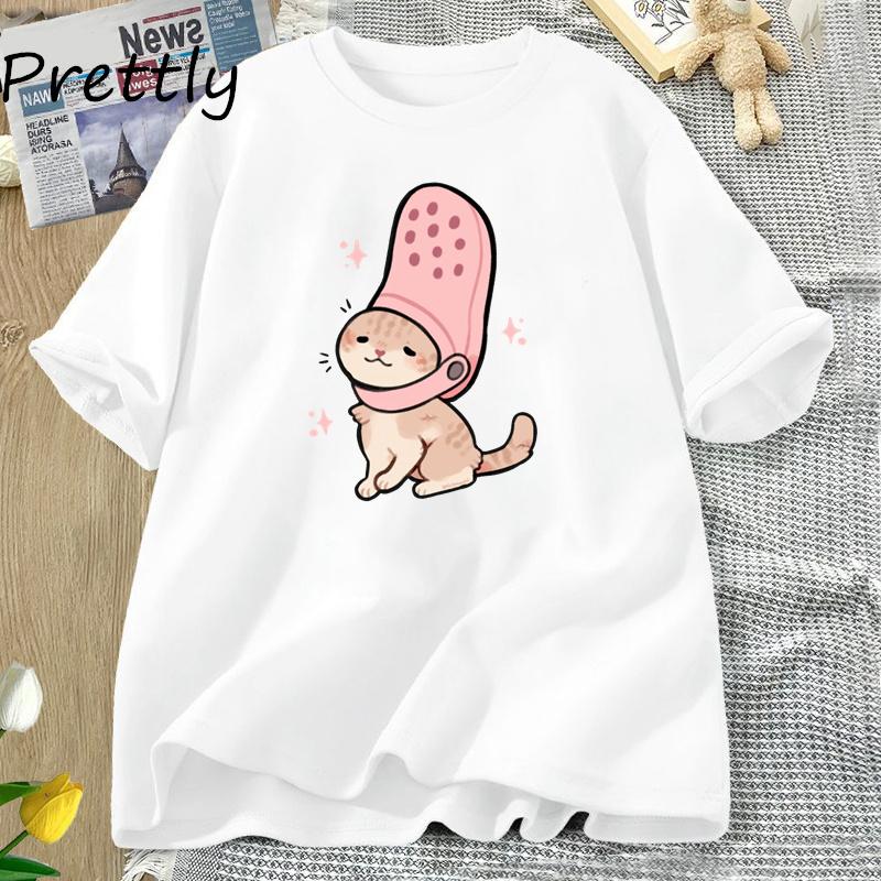Jibbitz Cat Funny Graphic T Shirts Cute Cat Tshirt Unisex Casual Short Sleeve Round Neck Tee Unisex Cotton T Shirt Woman Clothing