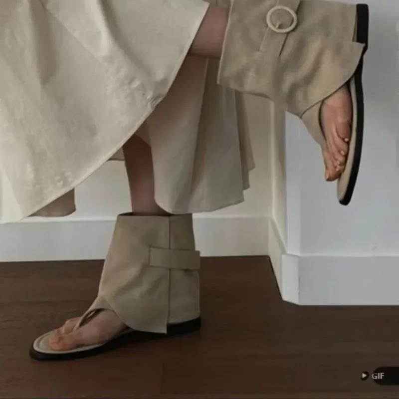 Новые летние женские сандалии-ботинки 2025 года, модные, с открытым носком, на плоской подошве, из овчины, в стиле ретро, с высоким верхом, уличная обувь, Zapatos De Mujer