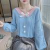 Women's Kawaii Short Knitted Sweater Sweet Candy-colored Bow V-neck Pullover Women's 2024 Spring Leisure Lantern Sleeve S