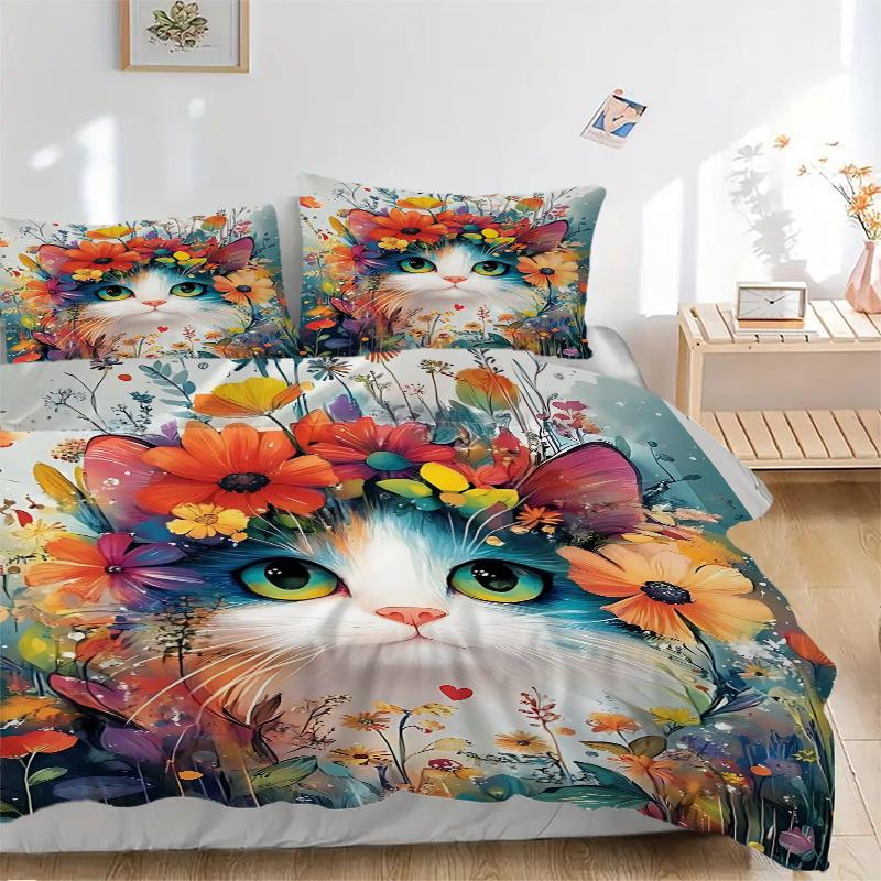 3pcs Cat Artwork Ideas Design Quilt Cover Set - Soft & Comfortable Polyester Fabric, All-Season Breathable Comforter Set For 1 Quilt Cover & 2 Pi