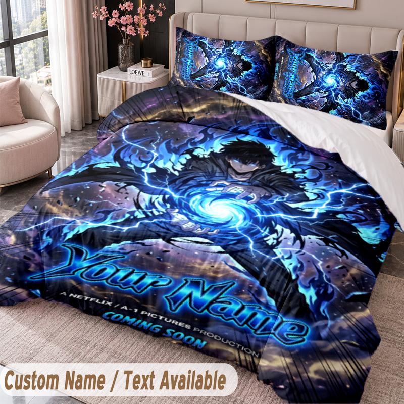 Custom Name Text 3Pcs Bedding Set Solo Leveling Duvet Cover And Two Pillowcases