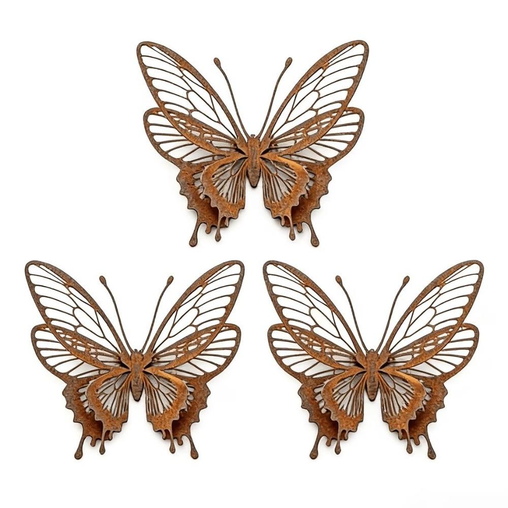 1/3PCS Hollow Double Layer Rusty Butterfly Wall Hanging Metal Butterfly Sculpture Yard