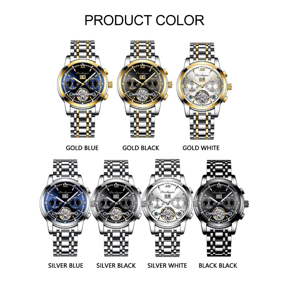 POEDAGAR Automatic Mechanical Watch Men Tourbillon Skeleton Wristwatch Calendar Week Display Leather Strap