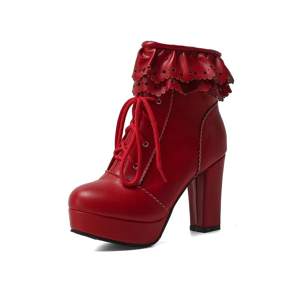 Женские ботильоны на шнуровке, женская обувь, милые кружевные ботинки в стиле Лолиты для косплея, женские ботинки на высоком каблуке, размер 43