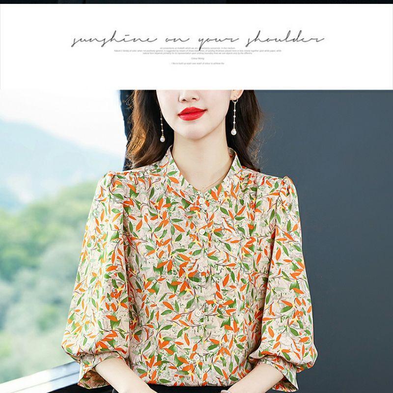 Шифоновая рубашка с рукавом 3/4 и цветочным принтом, женская мода, уменьшающая возраст, топ для мамы, воротник-стойка, блузка с принтом, M-4XL