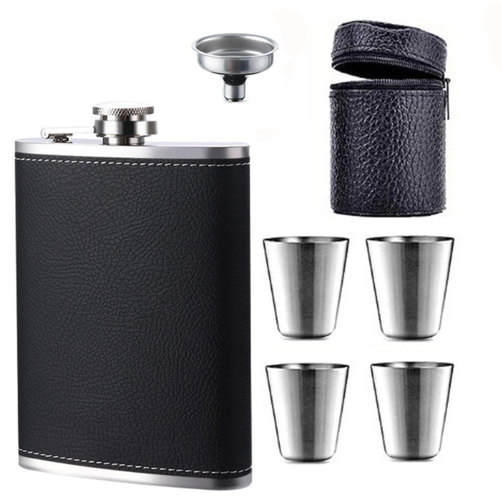 Stainless Steel Leather Texture Hip Flask with Funnel and Cups Whiskey Flasks Flagon  Outdoor