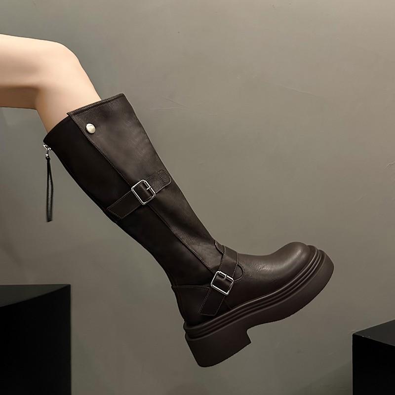 Мода Женщины 2024 Новая мода пряжка ремень рыцарские сапоги осень зима платформа колено высокие сапоги женщины винтаж кожа длинный