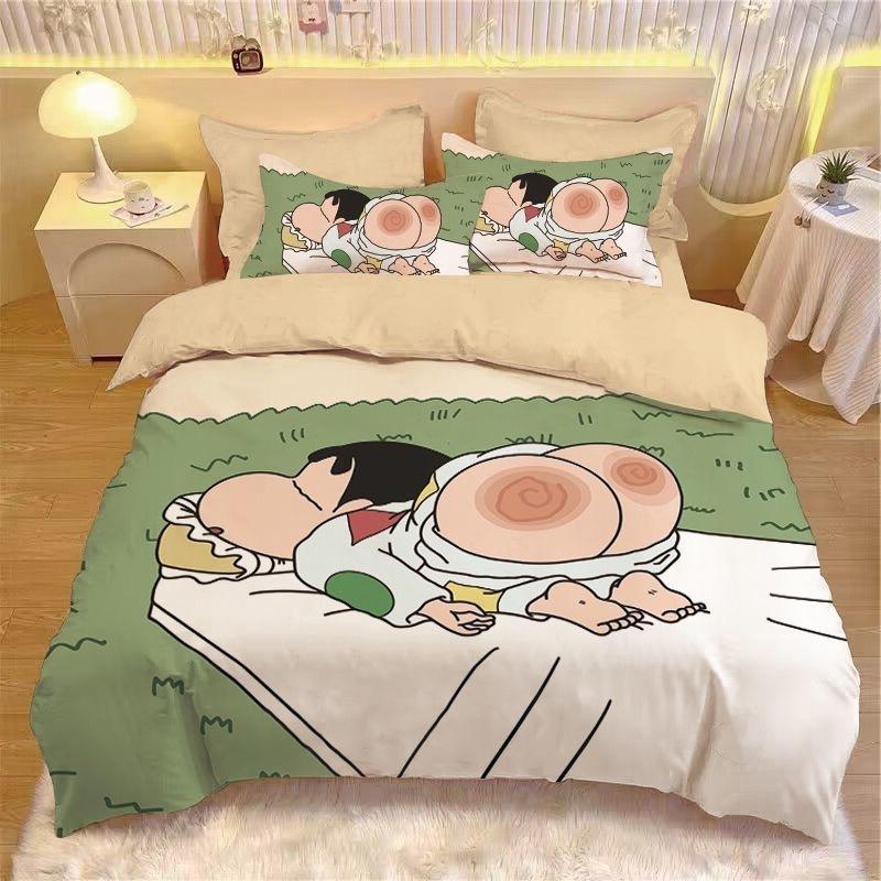 Anime Cute Crayon ShinChans Bed 3/4pcs Bedding Set Cartoon Student School Dormitory Bed Sheets Set Pillow Case Kid Xmas Gifts