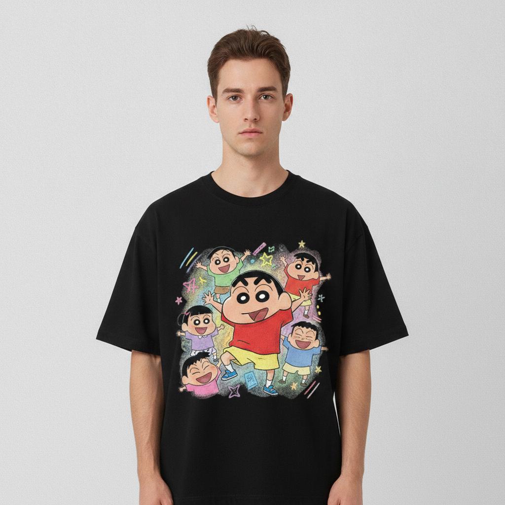Crayon Shin Chan Friends Group Print TShirt Polyester Blend Oversized Unisex Short Sleeve Tee Harajuku Streetwear Casual Loose Tops