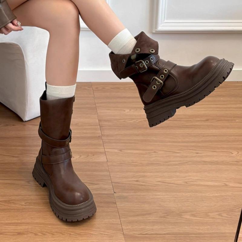 Fashion Metal Decoration Women's Short Boots 2025 New All-match Buckle Women Thick Bottom Long Boots Fashion Retro Shoes for Woman Botas