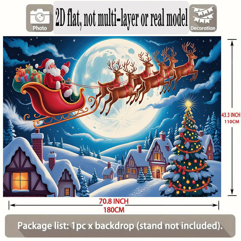 Santa Claus Sleigh Reindeer Winter Holiday Backdrop, Polyester Banner for Christmas Decor & Photo Booth