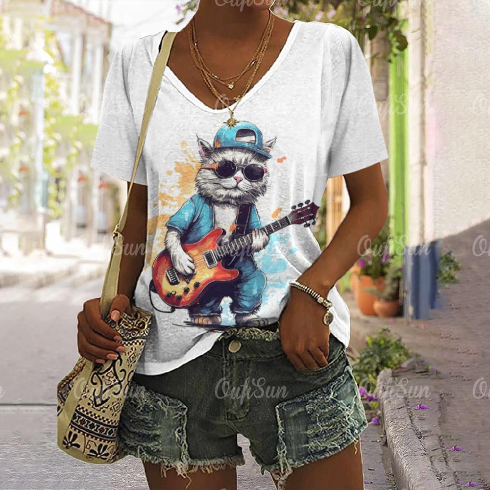 2024 New Women T-Shirt Rockin' Cat Print Top Plus Size Summer Women's Trending Clothing Fashion Short Sleeve Shirt Crew Tee