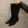 Модные высокие ботинки с острым носком женские на среднем каблуке замшевые массивные хлопковые туфли женские тренд 2024 готика челси ботфорты туфли-лодочки ботинки женские