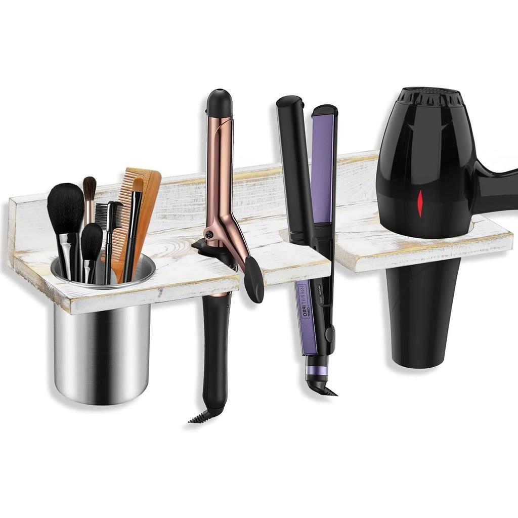 Настенный органайзер для парикмахерских инструментов - Деревянный держатель для фена, Держатель для фена для ванной комнаты, Деревенский органайзер для инструментов для укладки: выпрямитель, плойка