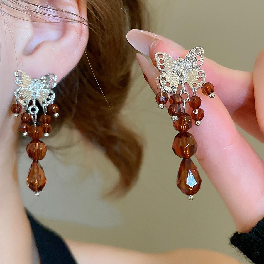 Длинные серьги-подвески из красного стекла с бабочкой для женских свадебных украшений