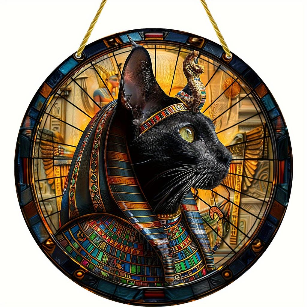 Wood Egyptian Black Cat Sun Catcher, Round Wooden Decorative Sign, Room, Home Decor, Animal Theme Multipurpose Plaque for Door, Wall, Home, Room