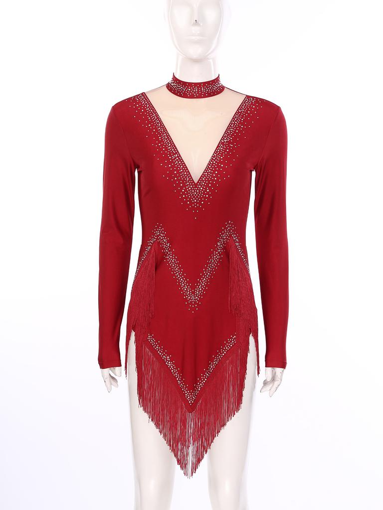 Women's Latin Dance Dress S-XXL - Shiny Rhinestones Mock Neck Long Sleeve with Tassels & Irregular Hem Stage Costume