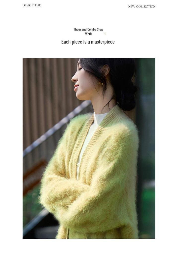 Women's V-Neck Heavyweight Pure Wool Cardigan Coat - Autumn/Winter Style, Pocketed, Buttonless, Plush Long Hair, Plus Size, Mid-Length